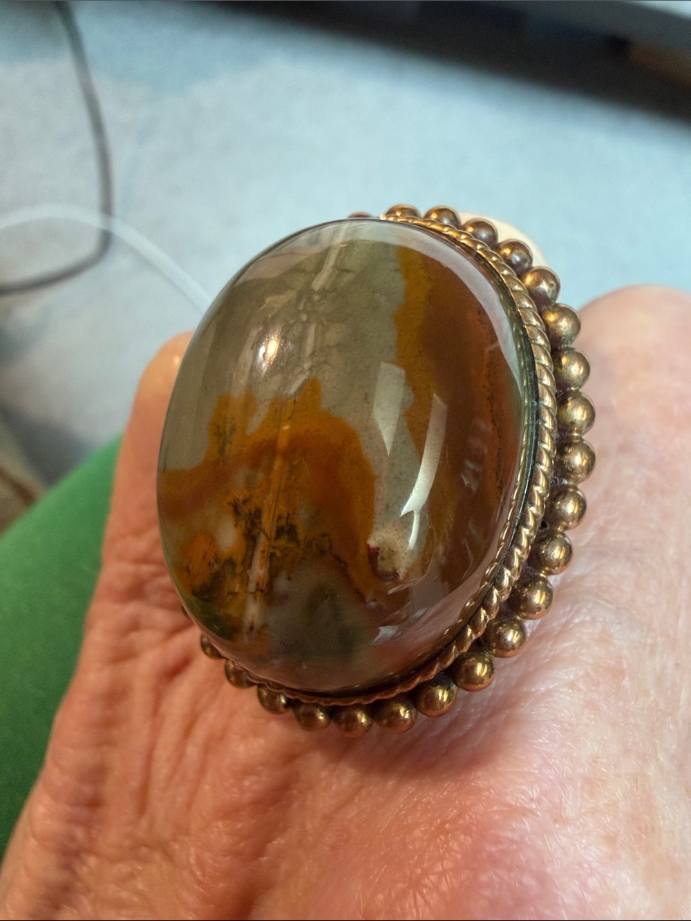 Brown Jasper Statement Ring with Beaded Silver Accent Size 6 Pristine Condition